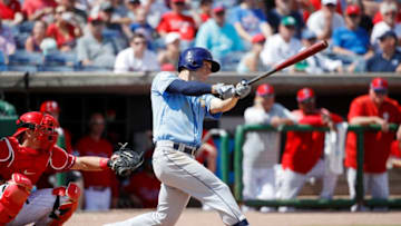 CLEARWATER, FL - MARCH 11: Brandon Lowe #8 of the Tampa Bay Rays bats during a Grapefruit League spring training game against the Philadelphia Phillies at Spectrum Field on March 11, 2019 in Clearwater, Florida. The Rays won 8-2. (Photo by Joe Robbins/Getty Images)