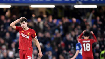 Liverpool's Welsh midfileder Neco Williams (L) reacts after the English FA Cup fifth round football match between Chelsea and Liverpool at Stamford Bridge in London on March 3, 2020. - Chelsea won the match 2-0. (Photo by DANIEL LEAL-OLIVAS / AFP) / RESTRICTED TO EDITORIAL USE. No use with unauthorized audio, video, data, fixture lists, club/league logos or 'live' services. Online in-match use limited to 120 images. An additional 40 images may be used in extra time. No video emulation. Social media in-match use limited to 120 images. An additional 40 images may be used in extra time. No use in betting publications, games or single club/league/player publications. / (Photo by DANIEL LEAL-OLIVAS/AFP via Getty Images)
