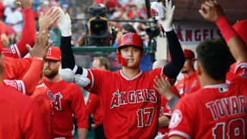 ANAHEIM, CA - JUNE 11: Los Angeles Angels designated hitter Shohei Ohtani (17) in the dugout after hitting a solo home run in the first inning of a game against the Los Angeles Dodgers played on June 11, 2019 at Angel Stadium of Anaheim in Anaheim, CA. (Photo by John Cordes/Icon Sportswire via Getty Images)