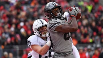 COLUMBUS, OH - OCTOBER 28: Terry McLaurin #83 of the Ohio State Buckeyes catches a 14-yard touchdown pass as Troy Apke #28 of the Penn State Nittany Lions defends in the second quarter at Ohio Stadium on October 28, 2017 in Columbus, Ohio. (Photo by Jamie Sabau/Getty Images)