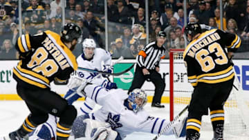 BOSTON, MA - APRIL 25: Boston Bruins right wing David Pastrnak (88) adds an insurance goal past Toronto Maple Leafs goalie Frederik Andersen (31) during Game 7 of the First Round for the 2018 Stanley Cup Playoffs between the Boston Bruins and the Toronto Maple Leafs on April 25, 2018, at TD Garden in Boston, Massachusetts. The Bruins defeated the Maple Leafs 7-4 to advance to the next round. (Photo by Fred Kfoury III/Icon Sportswire via Getty Images)