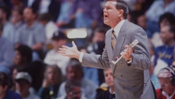6 MAR 1994: UNIVERSITY OF LOUISVILLE HEAD COACH DENNY CRUM COACHES FROM THE BENCH DURING THE CARDINALS VERSUS UCLA BRUINS GAME AT THE PAULEY PAVILION IN WESTWOOD, CALIFORNIA. Mandatory Credit: J.D. Cuban/ALLSPORT