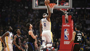 LOS ANGELES, CA - JANUARY 18: DeMarcus Cousins #0 of the Golden State Warriors scores a basket against Danilo Gallinari #8 of the Los Angeles Clippers during the first half at Staples Center on January 18, 2019 in Los Angeles, California. NOTE TO USER: User expressly acknowledges and agrees that, by downloading and or using this photograph, User is consenting to the terms and conditions of the Getty Images License Agreement. (Photo by Kevork Djansezian/Getty Images)