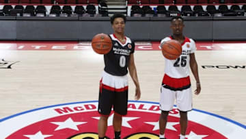 Mar 30, 2016; Chicago, IL, USA; From left to right McDonald's All-Americans Miles Bridges (0) and Joshua Langford (25) who both will be attending Michigan State pose for a group photo before the McDonald's High School All-American Game at the United Center. Mandatory Credit: Brian Spurlock-USA TODAY Sports