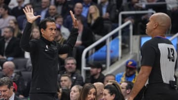 Miami Heat head coach Erik Spoelstra questions a call by official Matt Myers (43) during the first half against the Toronto Raptors(John E. Sokolowski-USA TODAY Sports)