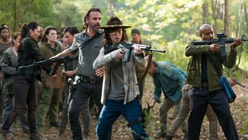 Rick Grimes (Andrew Lincoln), Carl Grimes (Chandler Riggs) and Father Gabriel Stokes (Seth Gilliam) in Episode 15Photo by Gene Page/AMC The Walking Dead