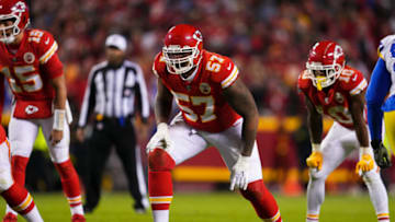 KANSAS CITY, MO - NOVEMBER 27: Orlando Brown Jr. #57 of the Kansas City Chiefs gets set against the Los Angeles Rams at GEHA Field at Arrowhead Stadium on November 27, 2022 in Kansas City, Missouri. (Photo by Cooper Neill/Getty Images)