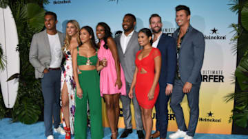 SANTA MONICA, CALIFORNIA - AUGUST 12: Aaron Clancy, Victoria Larson, Tammy Ly, Natasha Parker, Tre Cooper, Jessenia Cruz, Connor Brennan and Kenny Braasch attend ABC's "Bachelor In Paradise" And "The Ultimate Surfer" Premiere at Fairmont Miramar - Hotel & Bungalows on August 12, 2021 in Santa Monica, California. (Photo by Jon Kopaloff/Getty Images)