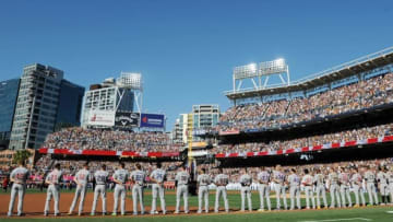 Jul 12, 2016; San Diego, CA, USA; National League players line up for the national anthem before the 2016 MLB All Star Game at Petco Park. Mandatory Credit: Gary A. Vasquez-USA TODAY Sports