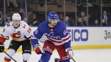NEW YORK, NEW YORK - OCTOBER 21: Adam McQuaid #54 of the New York Rangers skates against the Calgary Flames at Madison Square Garden on October 21, 2018 in New York City. The Flames defeated the Rangers 4-1. (Photo by Bruce Bennett/Getty Images)