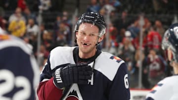 DENVER, CO - MARCH 23: Erik Johnson #6 of the Colorado Avalanche smiles after a win against the Chicago Blackhawks at the Pepsi Center on March 23, 2019 in Denver, Colorado. The Avalanche defeated the Blackhawks 4-2. (Photo by Michael Martin/NHLI via Getty Images)