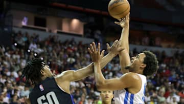 Jeremiah Robinson-Earl #50 of the Oklahoma City Thunder is fouled by Aleem Ford #60 of the Orlando Magic during the 2022 NBA Summer League at the Thomas & Mack Center on July 11, 2022 in Las Vegas, Nevada. (Photo by Ethan Miller/Getty Images)