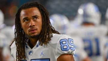 MIAMI, FL - SEPTEMBER 27: Roscoe Johnson #85 of the North Carolina Tar Heels before the game against the Miami Hurricanes at Hard Rock Stadium on September 27, 2018 in Miami, Florida. (Photo by Mark Brown/Getty Images)