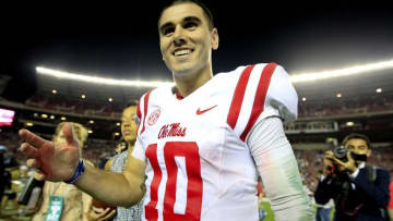 Sep 19, 2015; Tuscaloosa, AL, USA; Mississippi Rebels quarterback Chad Kelly (10) celebrates after defeating the Alabama Crimson Tide at Bryant-Denny Stadium. The Rebels defeated the Tide 43-37. Mandatory Credit: Marvin Gentry-USA TODAY Sports