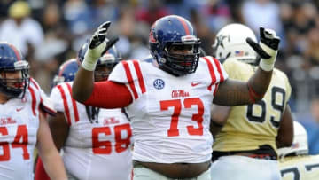 Sep 6, 2014; Nashville, TN, USA; Mississippi Rebels offensive lineman Rod Taylor (73) celebrates after a touchdown during the second half against the Vanderbilt Commodores at LP Field. Mississippi won 41-3. Mandatory Credit: Christopher Hanewinckel-USA TODAY Sports