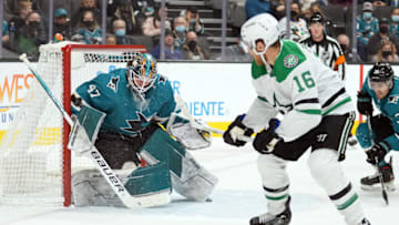 Dec 11, 2021; San Jose, California, USA; San Jose Sharks goaltender James Reimer (47) defends a shot by Dallas Stars center Joe Pavelski (16) during the first period at SAP Center at San Jose. Mandatory Credit: Darren Yamashita-USA TODAY Sports