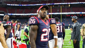 Aug 28, 2016; Houston, TX, USA; Houston Texans running back Lamar Miller (26) after a game against the Arizona Cardinals at NRG Stadium. Mandatory Credit: Troy Taormina-USA TODAY Sports