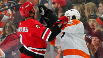 PHILADELPHIA, PA - JANUARY 03: Radko Gudas #3 of the Philadelphia Flyers scuffles with Saku Maenalanen #8 of the Carolina Hurricanes in the second period on January 3, 2019 at the Wells Fargo Center in Philadelphia, Pennsylvania. (Photo by Len Redkoles/NHLI via Getty Images)