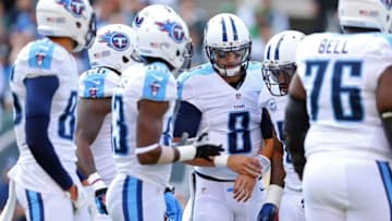 Dec 13, 2015; East Rutherford, NJ, USA; Tennessee Titans quarterback Marcus Mariota (8) in the huddle against the New York Jets during the first quarter at MetLife Stadium. Mandatory Credit: Brad Penner-USA TODAY Sports