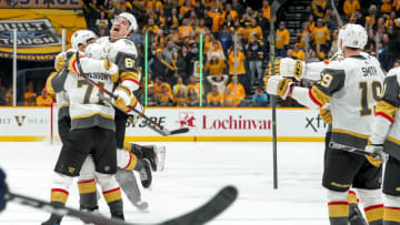 NASHVILLE, TN - NOVEMBER 27: Mark Stone #61, William Karlsson #71 celebrate the game tying goal by Max Pacioretty #67 of the Vegas Golden Knights against the Nashville Predators at Bridgestone Arena on November 27, 2019 in Nashville, Tennessee. (Photo by John Russell/NHLI via Getty Images)
