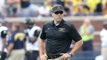 ANN ARBOR, MI - AUGUST 30: Appalachin State head coach Scott Satterfield watches the pregame warms up prior to the start of the game against the Michigan Wolverines at Michigan Stadium on August 30, 2014 in Ann Arbor, Michigan. (Photo by Leon Halip/Getty Images)