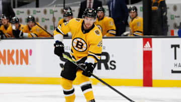 Mar 27, 2021; Boston, Massachusetts, USA; Boston Bruins defenseman Matt Grzelcyk (48) during the first period against the Buffalo Sabres at TD Garden. Mandatory Credit: Winslow Townson-USA TODAY Sports
