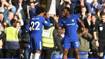 LONDON, ENGLAND - OCTOBER 21: Michy Batshuayi of Chelsea celebrates scoring the 4th Chelsea goal with Willian of Chelsea during the Premier League match between Chelsea and Watford at Stamford Bridge on October 21, 2017 in London, England. (Photo by David Ramos/Getty Images)