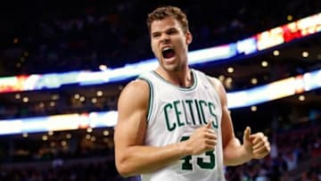 Mar 1, 2014; Boston, MA, USA; Boston Celtics center Kris Humphries (43) reacts to a dunk against the Indiana Pacers during the fourth quarter of Indiana