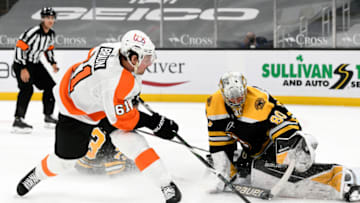 Apr 5, 2021; Boston, Massachusetts, USA; Boston Bruins goaltender Dan Vladar (80) makes a save on a shot from Philadelphia Flyers defenseman Justin Braun (61) during the second period at the TD Garden. Mandatory Credit: Brian Fluharty-USA TODAY Sports