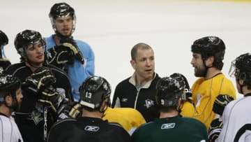 Assistant Coach Tom Fitzgerald of the Pittsburgh Penguins conducts practice drills at the Mellon Arena on May 20, 2009 in Pittsburgh, Pennsylvania. (Photo by Bruce Bennett/Getty Images)