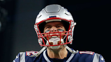 FOXBOROUGH, MA - OCTOBER 14: Tom Brady #12 of the New England Patriots reacts before a game with the Kansas City Chiefs at Gillette Stadium on October 14, 2018 in Foxborough, Massachusetts. (Photo by Jim Rogash/Getty Images)