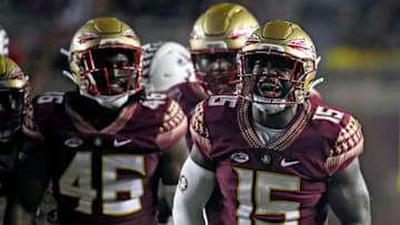 Aug 27, 2022; Tallahassee, Florida, USA; Florida State Seminoles linebacker Tatum Bethune (15) celebrates after a play against the Duquesne Dukes during the second half at Doak S. Campbell Stadium. Mandatory Credit: Melina Myers-USA TODAY Sports