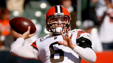 CINCINNATI, OHIO - NOVEMBER 07: Baker Mayfield #6 of the Cleveland Browns throws the ball during pregame warm-ups before the game against the Cincinnati Bengals at Paul Brown Stadium on November 07, 2021 in Cincinnati, Ohio. (Photo by Kirk Irwin/Getty Images)