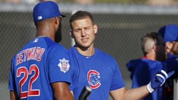 Feb 22, 2016; Mesa, AZ, USA; Chicago Cubs first baseman Anthony Rizzo (44) gets ready to hit with Jason Heyward (22) during spring training camp at Sloan Park. Mandatory Credit: Rick Scuteri-USA TODAY Sports