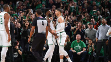 BOSTON, MA - APRIL 17: Jaylen brown #7 and Jayson Tatum #0 of the Boston Celtics react to a play in Game Two of Round One of the 2019 NBA Playoffs against the Boston Celtics on April 17, 2019 at the TD Garden in Boston, Massachusetts. NOTE TO USER: User expressly acknowledges and agrees that, by downloading and or using this photograph, User is consenting to the terms and conditions of the Getty Images License Agreement. Mandatory Copyright Notice: Copyright 2019 NBAE (Photo by Brian Babineau/NBAE via Getty Images)