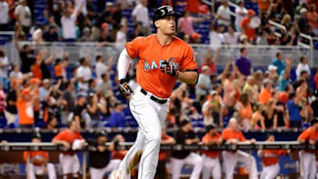 Jul 10, 2016; Miami, FL, USA; Miami Marlins right fielder Giancarlo Stanton (27) rounds the bases after hitting a two run home run during the fifth inning against the Cincinnati Reds at Marlins Park. Mandatory Credit: Steve Mitchell-USA TODAY Sports