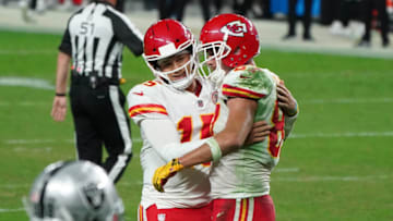 Nov 22, 2020; Paradise, Nevada, USA; Kansas City Chiefs quarterback Patrick Mahomes (15) with tight end Travis Kelce (87) after a play against the Las Vegas Raiders during the second half at Allegiant Stadium. Mandatory Credit: Kirby Lee-USA TODAY Sports