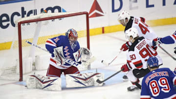 NEW YORK, NEW YORK - JANUARY 09: Igor Shesterkin #31 of the New York Rangers tends net against the New Jersey Devils during the third period at Madison Square Garden on January 09, 2020 in New York City. The Rangers defeated the Devils 6-3. (Photo by Bruce Bennett/Getty Images)