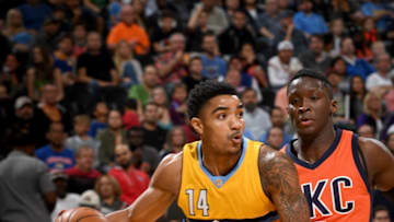 DENVER, CO - APRIL 9: Gary Harris #14 of the Denver Nuggets handles the ball against the Oklahoma City Thunder on April 9, 2017 at the Pepsi Center in Denver, Colorado. NOTE TO USER: User expressly acknowledges and agrees that, by downloading and/or using this Photograph, user is consenting to the terms and conditions of the Getty Images License Agreement. Mandatory Copyright Notice: Copyright 2017 NBAE (Photo by Garrett Ellwood/NBAE via Getty Images)