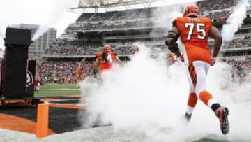 Oct 12, 2014; Cincinnati, OH, USA; Cincinnati Bengals defensive tackle Devon Still (75) runs onto the field prior to the game against the Carolina Panthers at Paul Brown Stadium. The Bengals and the Panthers tie in overtime 37-37. Mandatory Credit: Aaron Doster-USA TODAY Sports