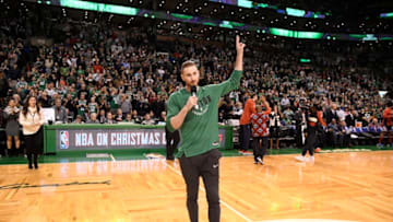 BOSTON, MA - DECEMBER 25: Gordon Hayward #20 of the Boston Celtics speaks to crowd during game against the Washington Wizards on December 25, 2017 at the TD Garden in Boston, Massachusetts. NOTE TO USER: User expressly acknowledges and agrees that, by downloading and or using this photograph, User is consenting to the terms and conditions of the Getty Images License Agreement. Mandatory Copyright Notice: Copyright 2017 NBAE (Photo by Brian Babineau/NBAE via Getty Images)