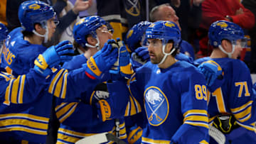 Jan 10, 2023; Buffalo, New York, USA; Buffalo Sabres right wing Alex Tuch (89) celebrates his goal with teammates during the first period against the Seattle Kraken at KeyBank Center. Mandatory Credit: Timothy T. Ludwig-USA TODAY Sports