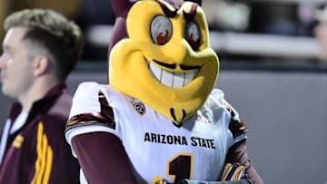 Oct 15, 2016; Boulder, CO, USA; Arizona State Sun Devils mascot Sparky during the fourth quarter against the Colorado Buffaloes at Folsom Field. The Buffaloes defeated theSun Devils 40-16. Mandatory Credit: Ron Chenoy-USA TODAY Sports