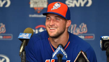 Sep 20, 2016; Port St. Lucie, FL, USA; New York Mets outfielder Tim Tebow (15) speaks with the media after his workout at the Mets Minor League Complex. Mandatory Credit: Jasen Vinlove-USA TODAY Sports