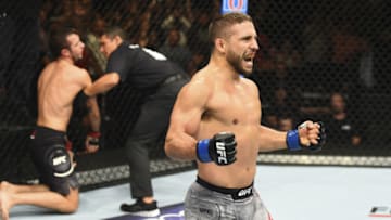 BOISE, ID - JULY 14: (R-L) Chad Mendes celebrates after defeating Myles Jury by TKO in their featherweight fight during the UFC Fight Night event inside CenturyLink Arena on July 14, 2018 in Boise, Idaho. (Photo by Josh Hedges/Zuffa LLC/Zuffa LLC via Getty Images)