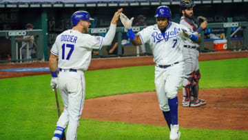 Sep 24, 2020; Kansas City, Missouri, USA; Kansas City Royals third baseman Maikel Franco (7) is congratulated by first baseman Hunter Dozier (17) after hitting a home run against the Detroit Tigers during the sixth inning at Kauffman Stadium. Mandatory Credit: Jay Biggerstaff-USA TODAY Sports