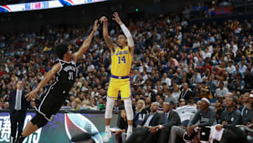 SHANGHAI, CHINA - OCTOBER 10: Danny Green #14 of the Los Angeles Lakers in action against Jarrett Allen #31 of of the Brooklyn Nets during a preseason game as part of 2019 NBA Global Games China at Mercedes-Benz Arena on October 10, 2019 in Shanghai, China. (Photo by Lintao Zhang/Getty Images)