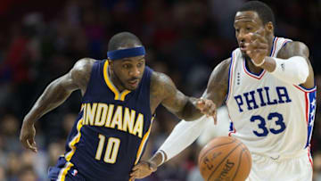 Apr 2, 2016; Philadelphia, PA, USA; Indiana Pacers guard Ty Lawson (10) dribbles past the defense of Philadelphia 76ers forward Robert Covington (33) during the second quarter at Wells Fargo Center. Mandatory Credit: Bill Streicher-USA TODAY Sports