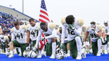 LAWRENCE, KS - NOVEMBER 04: The Baylor Bears pray on the field before the game against the Kansas Jayhawks at Memorial Stadium on November 4, 2017 in Lawrence, Kansas. (Photo by Brian Davidson/Getty Images)