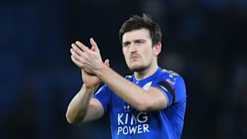 LEICESTER, ENGLAND - JANUARY 20: Harry Maguire of Leicester City shows appreciation to the fans after the Premier League match between Leicester City and Watford at The King Power Stadium on January 20, 2018 in Leicester, England. (Photo by Laurence Griffiths/Getty Images)